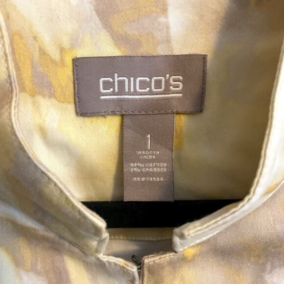 Chico's Open Front Jacket Sz 1 (8) Abstract Watercolor Print Yellow Tan Career - Picture 2 of 8